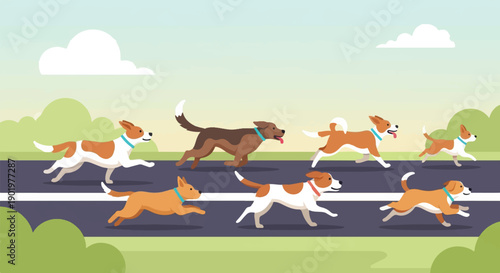 Cartoon dogs running on a road with green hills and sky