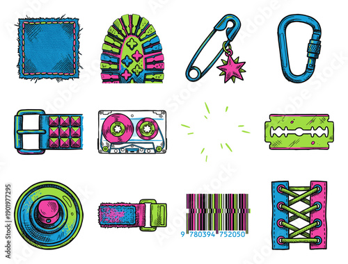 Neon Hand-Drawn Punk Culture Graphic Element Kit for Alternative Underground Fashion and Streetwear Design