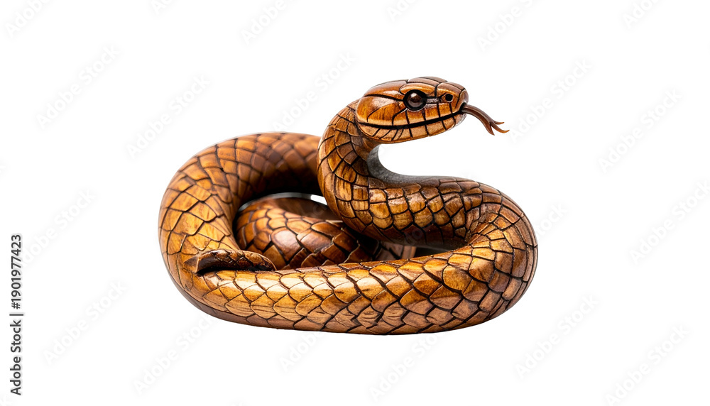 Fototapeta premium Detailed wooden snake sculpture coiled on black background, tongue extended