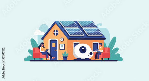 Cartoon house with solar panels, people, and a friendly vehicle