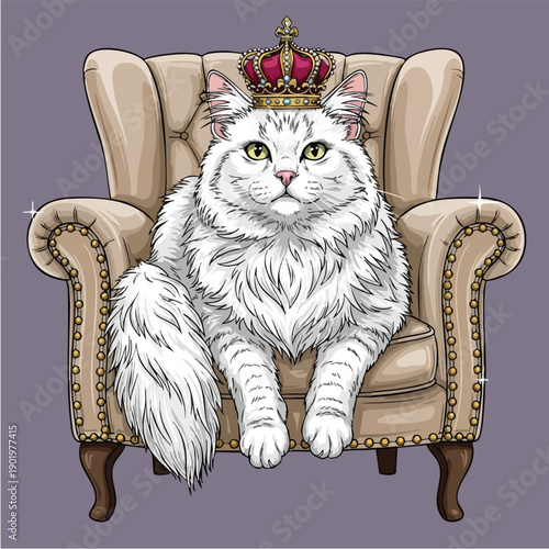 Majestic white cat with a golden crown sitting regally on an elegant armchair.