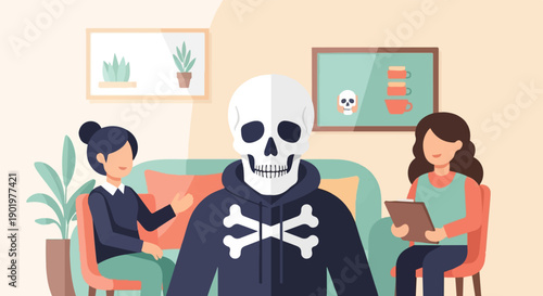 Cartoon illustration of a skeleton with a crossbones hoodie speaking to two people