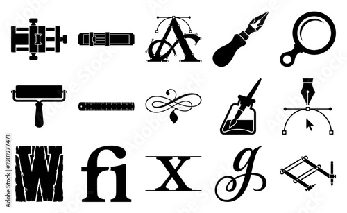 Vintage Typography and Traditional Printmaking Graphics Asset Sheet for Graphic Design History