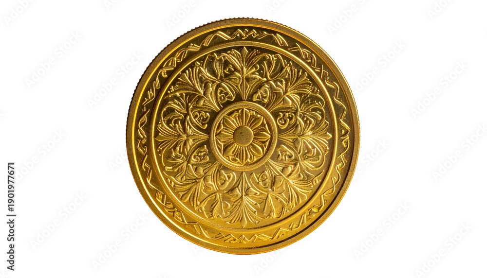 Fototapeta premium Golden, ornate ceiling medallion with intricate floral and geometric patterns on black