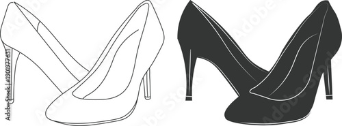 High heel shoe outline and silhouette icon set,  Elegant hand drawn line art illustration of a high heel shoes express for women's apparel and fashion concepts, Vector illustration