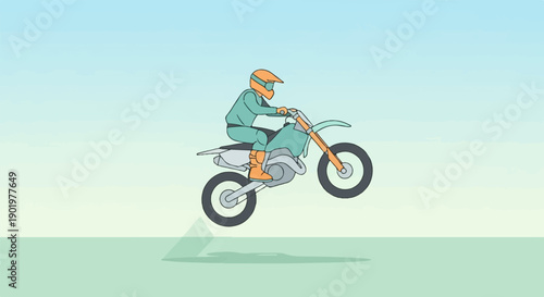 Cartoon motorcyclist performs a wheelie on a dirt bike against a gradient sky