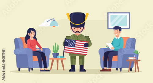 Cartoon of a soldier holding American flag with people in armchairs