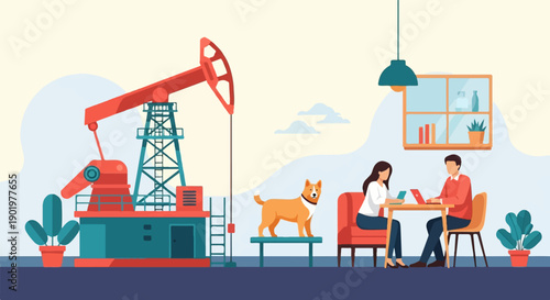 An oil pumpjack operates near people working indoors with a dog nearby