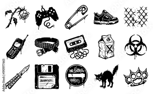 Grungy Street Culture Ink Illustration Asset Sheet for Edgy Urban Apparel and Punk Rock Graphic Design