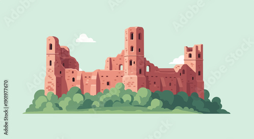 An old, damaged brick castle ruin stands majestically above lush green bushes under a pale sky
