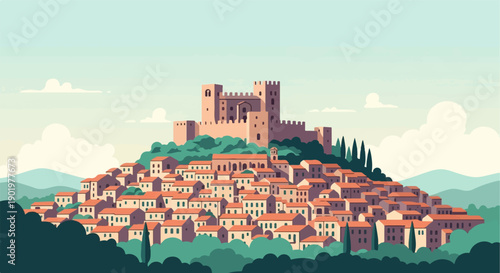 An old castle overlooks a densely packed village on a verdant hill