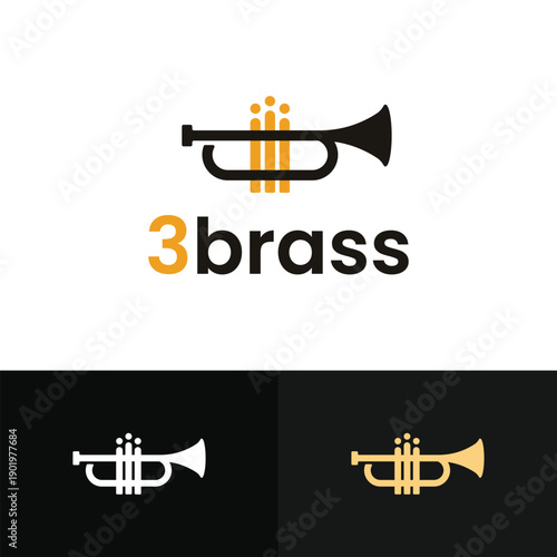 Minimalist brass section logo featuring trumpet shape with three human figures representing musicians and teamwork.