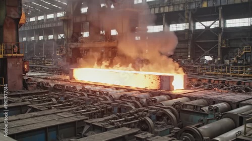 Molten metal production. A massive, glowing hot steel slab moves along the heavy roller conveyor in a dark industrial factory, ideal for engineering and manufacturing documentaries.