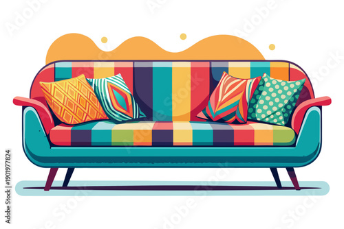 Colorful stylish sofa isolated on white background with decorative pillows scene modern contemporary interior furniture clean room product presentation copy space