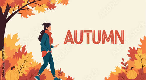 Autumn leaves frame a person walking past a large word