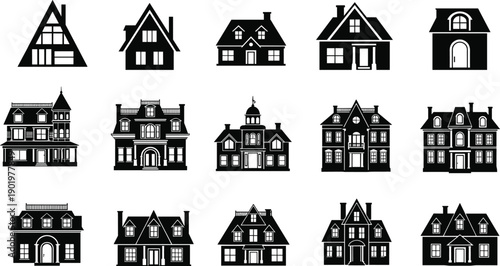 Set of Fifteen Black House Silhouettes Featuring Various Architectural Styles Including Victorian Suburban Modern and Classic Home Designs for Real Estate and Residential Icons