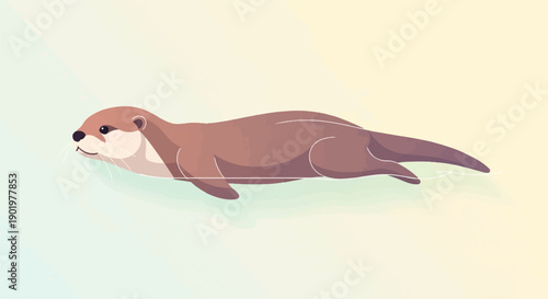Brown otter swims through calm, light-colored water with a soft gradient