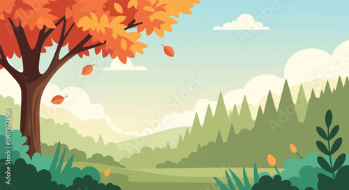 Autumn landscape with a tree shedding orange leaves and rolling hills