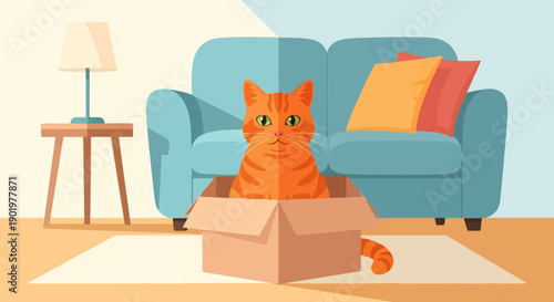 An orange tabby cat sits comfortably inside a cardboard box