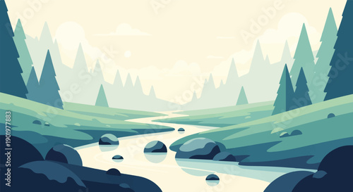 A stylized, pixelated river flows through a serene mountain and forest landscape