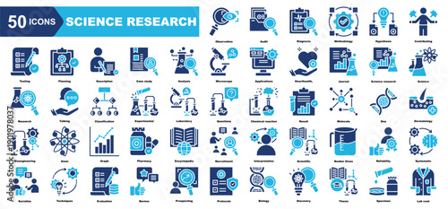 Science Research icon collection set.Observation,Audit,Diagnosis,Methodology,Hypothesis,Contributing,Testing.Simple vector illustration.