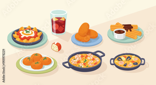 Assortment of popular dishes including paella, churros, and tapas served