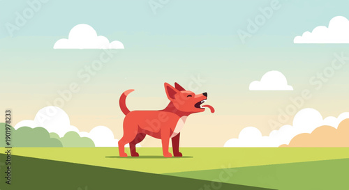 A stylized red dog pants in a grassy field under a cloudy sky