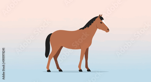 A stylized brown horse with a white blaze on its face stands patiently
