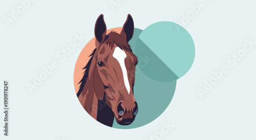 A stylized brown horse portrait with white blaze, against geometric circles