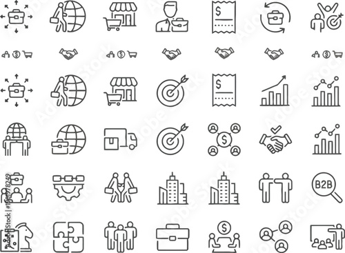 Set of 40 business-to-business (B2B) icons depicting partnerships, contracts, global trade, and professional collaboration