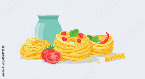 Assortment of pasta nests, tomatoes, a chili pepper, and a vase