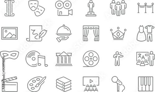 Set of 20 line icons representing arts, culture, and entertainment, including theater, music, film, and visual arts concepts