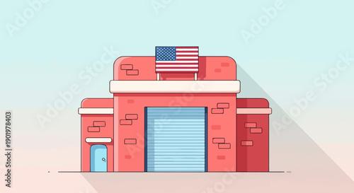 A stylized brick building with a large rollup door and a flag
