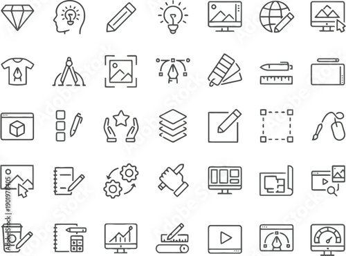 Branding and logo design icons including design tools, graphics, branding elements, and digital marketing symbols. Editable stroke.