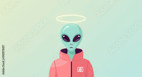 A stylized, blue-skinned alien with large, dark eyes and a halo, wearing a pink hooded jacket