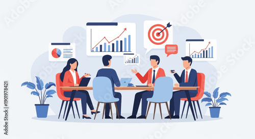 Business meeting with charts, target, and discussion