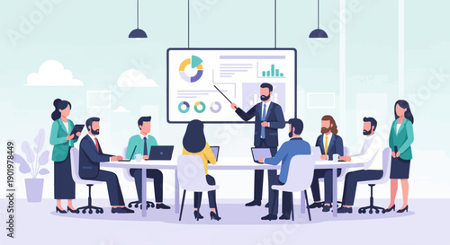 Business meeting with presentation charts and discussion