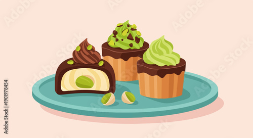 Assortment of delectable chocolate-coated pistachio pastries on a teal plate