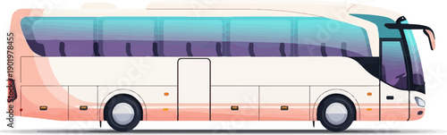 A stylized side view of a modern passenger coach with large tinted windows