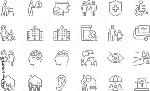Elderly care and healthcare icons representing seniors, assistance, hospitals, and medical services for health and social support. Editable stroke.