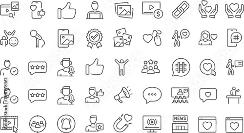 Blogger and influencer icons for social media, content creation, engagement, and online marketing with likes, shares, and followers. Editable stroke.
