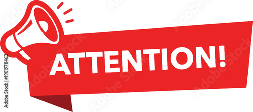 Attention banner with a red megaphone and text, conveying urgency, announcement, or important message for promotions and alerts.