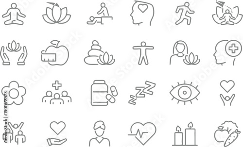 Wellness and self-care icons representing yoga, meditation, healthy lifestyle, fitness, and mental well-being with nature and medical symbols. Editable stroke.