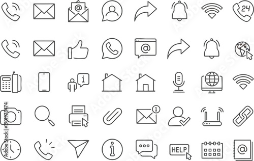 Contact us icons for communication channels like phone, email, chat, and location, essential for business and customer service. Editable stroke.