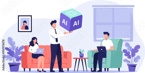 Business people collaborate around a cube representing artificial intelligence