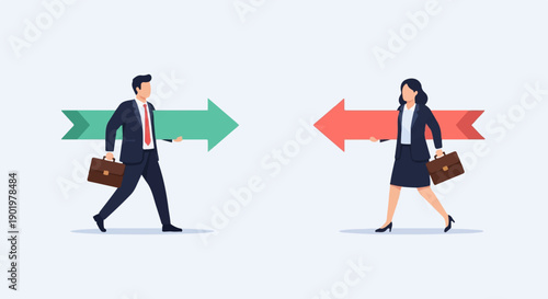 Business people walking in opposite directions with arrows
