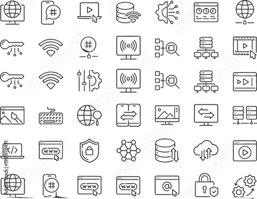 Modern Internet and Computer Technology Icons Set - Network, Data, Security, Devices, and Web Concepts