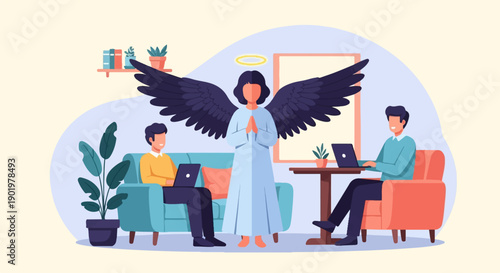 Angel observes two men working on laptops in a room