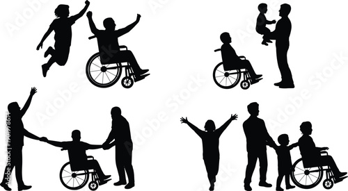 Set of Black Silhouettes Featuring Families and Caregivers Supporting People in Wheelchairs Including Happy Children Jumping and Parents Playing for Inclusivity and 