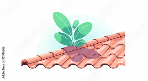 A stylized illustration of green leaves growing from terracotta roof tiles under a pale blue sky